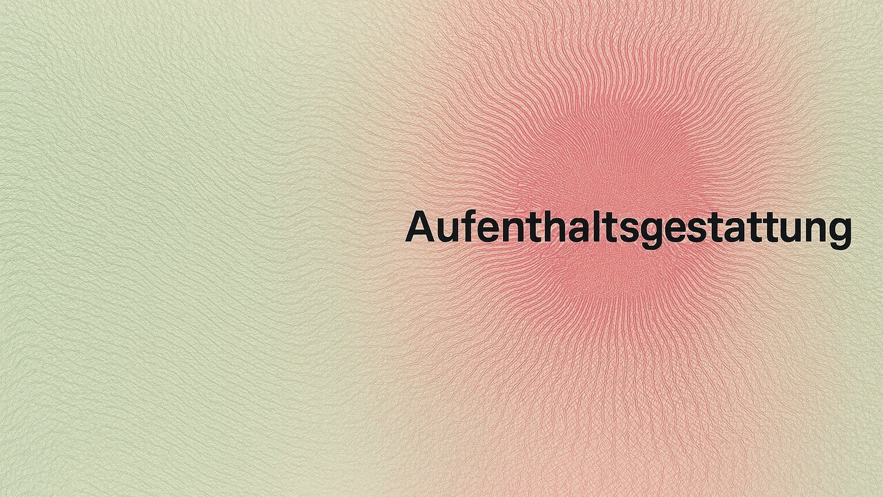 green bakground with red gradient. text reads aufenthaltsgestattung.